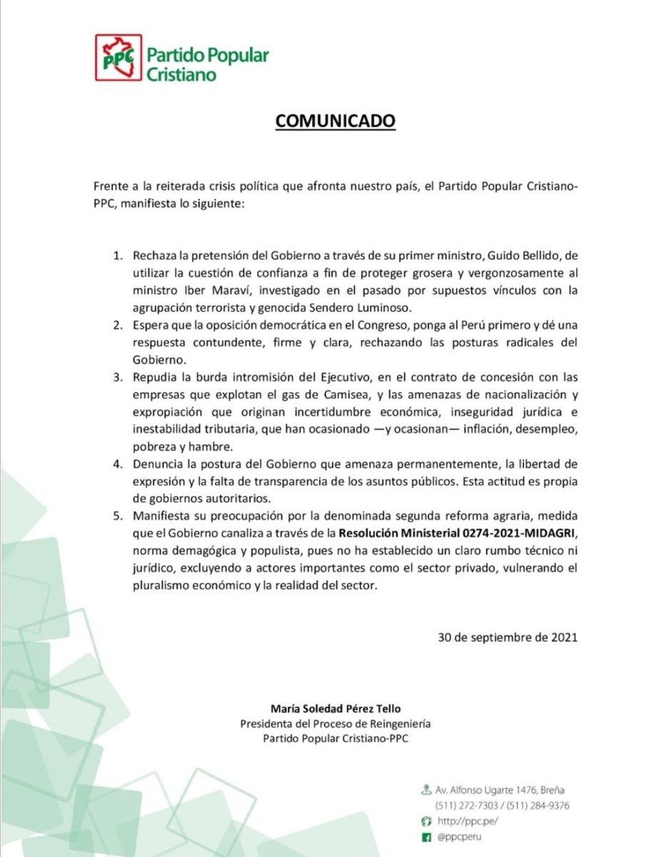 ppc_peru's tweet photo. 🗣🗣🗣
#Comunicado | El Partido Popular Cristiano, manifiesta cinco puntos en torno a la coyuntura política nacional: CAMBIOS SÍ, DICTADURAS NO.
👇
#Política #Congreso #Perú #Economía #Camisea #ReformaAgraria https://t.co/PkL09hxG83