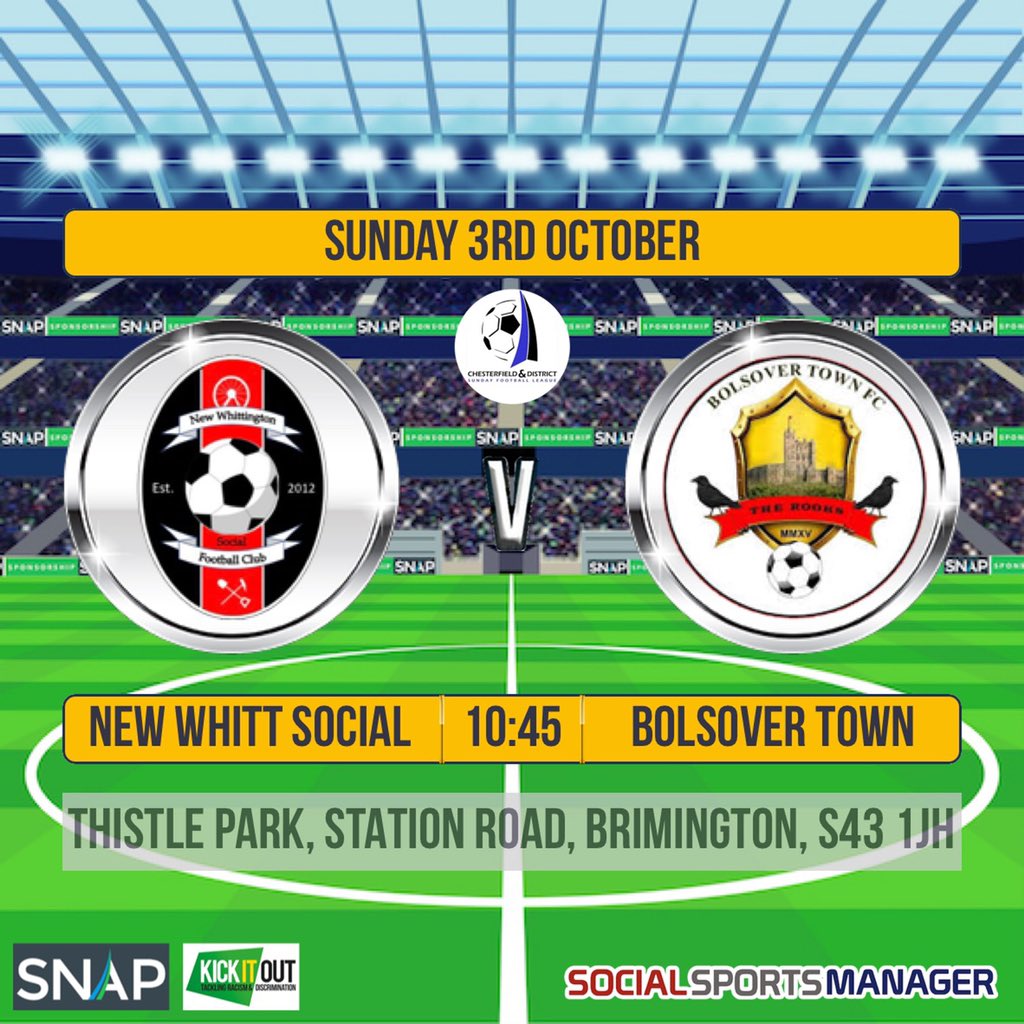 This Sunday fixtures sees us at home v <a href="/BolsoverTown/">Bolsover Town FC</a> 

📅 Sunday 03/10/21

🕚 10.45 AM  Kick off

🏟 Thistle Park, Station Road, Brimington, S43 1JH

Come and support us!