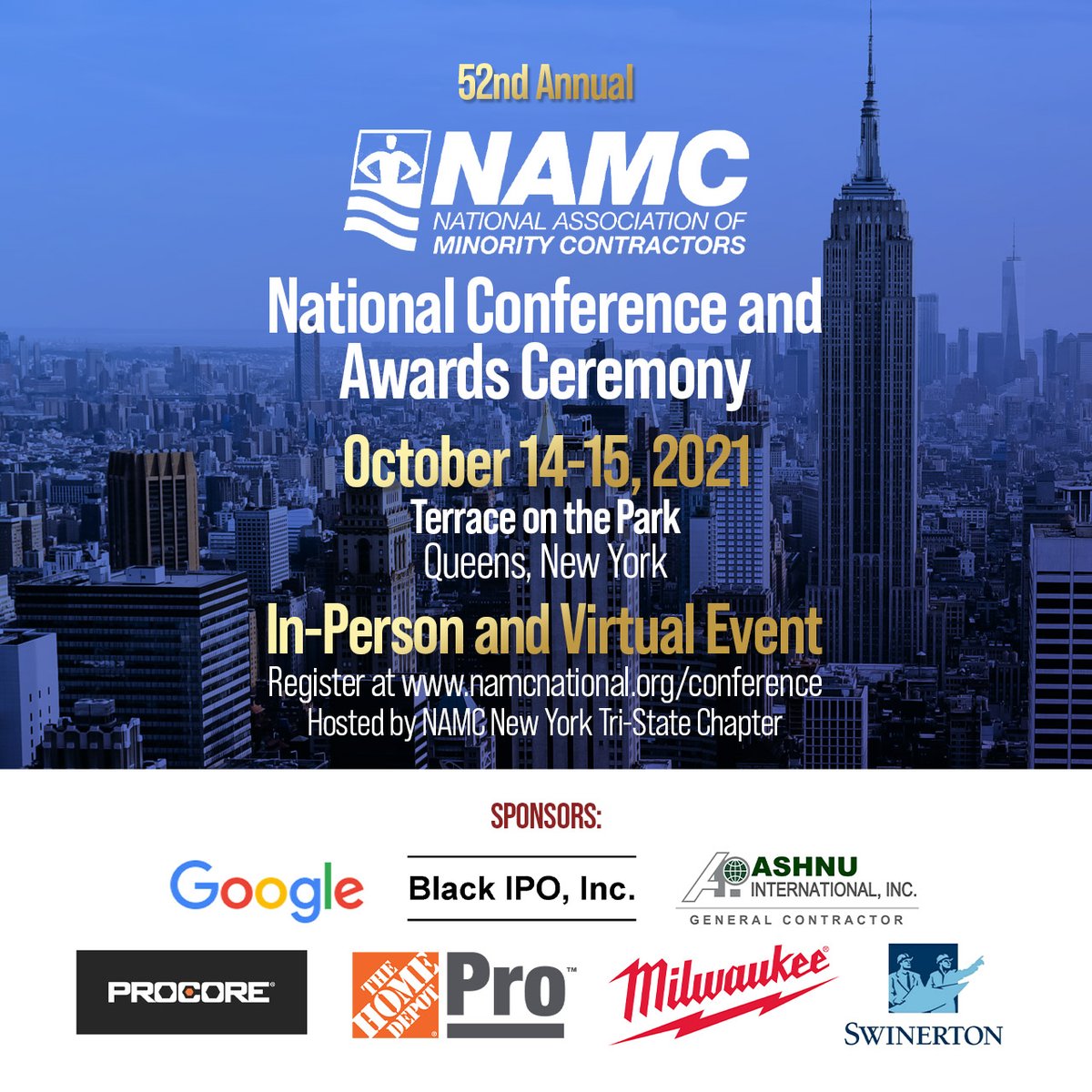 #NAMC5 is proud to partner with organizations that engage minority contractors! #Google #BlackIPO #Ashnu #HomeDepotPro #MilwalkeeTool #Swinerton 

Connect with our  #NAMC52 partners on October 14-15, 2021 in NYC (or virtually)! Registration is open at namcnational.org/conference.