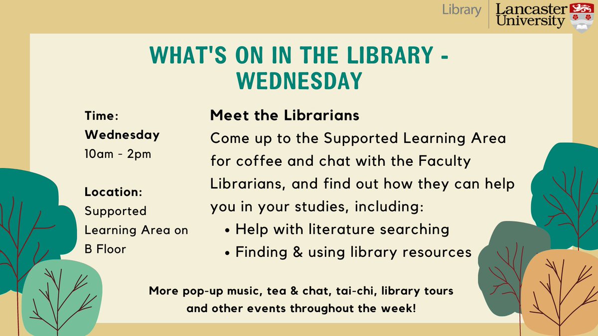 LancasterUniLib's tweet photo. Meet the Librarians! 📚👨💼
Come to the Library today for a coffee and a chat with our Faculty Librarians, and find out how they can help you in your studies ☕
They'll be in the Supported Learning Area on B Floor from 10am-2pm 🙂
#LULibraryWelcomeWeek
#HelloLancaster https://t.co/YsNZ5W2J5m