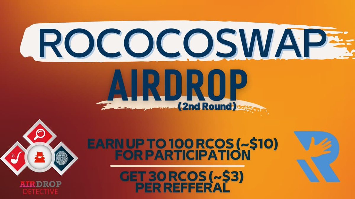 🔍New #Airdrop: RococoSwap

💲 Total reward: Up to 100 RCOS [~$10] + 30 RCOS [~$3] per referral

🔴 Start the airdrop bot: t.me/RococoSwapAird…

🔘Do the tasks on the bot &amp;submit your data

🔘Details:youtu.be/FyNEwJzQKxg

#Airdrops #Bitcoin #AirdropDet #BNB #RococoSwap #BSC