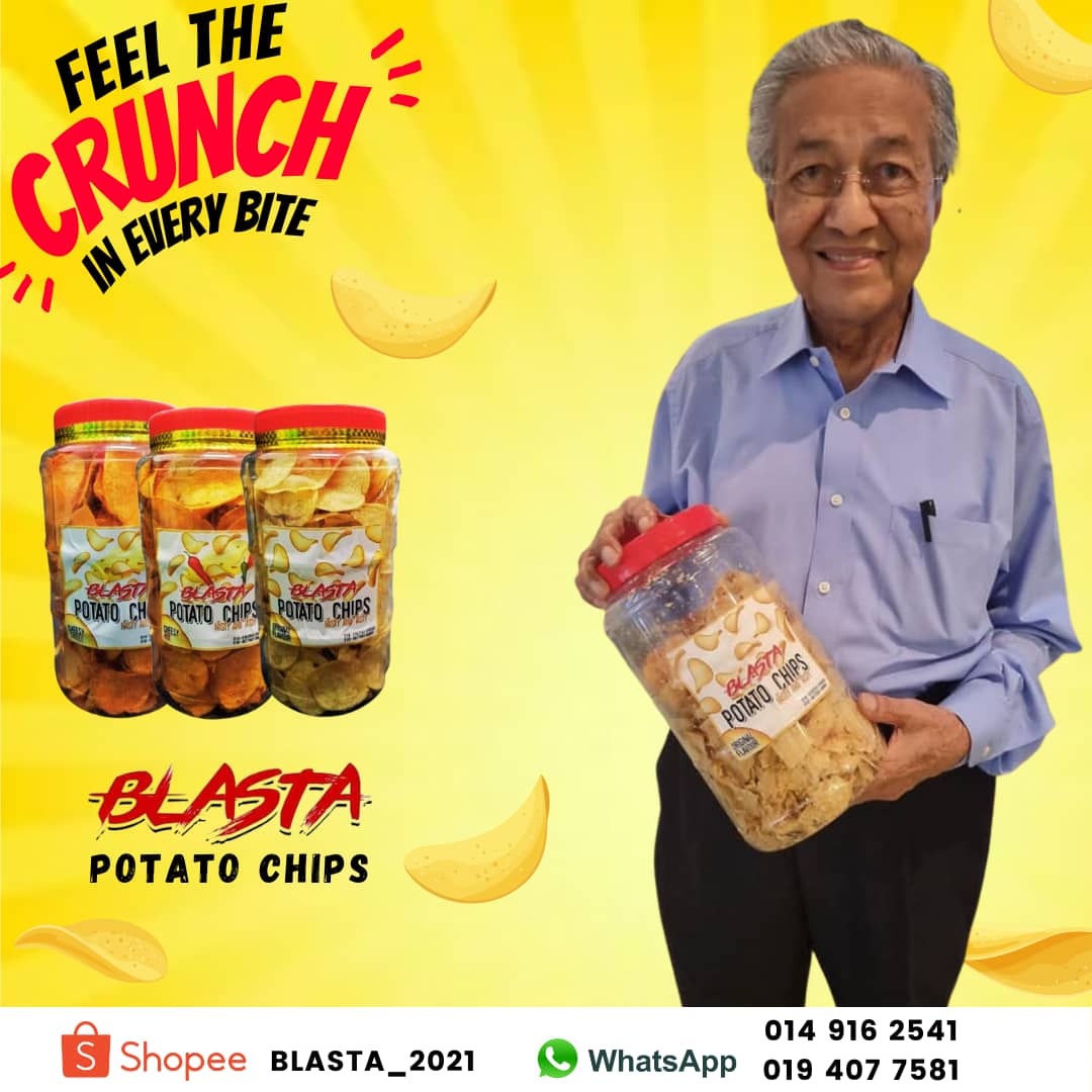 farhanfz's tweet photo. Kalau korang minat potato chips, korang mesti kena try Potato Chips BLASTA ni. Sedap weh. Tun Mahathir pun cakap sedap. Tak tipu.

Pergi je Shopee and cari Blasta_2021. Yang tak minat kerepek pun suka.

https://t.co/sR6cjGUwxK https://t.co/fjrtef5Ytq