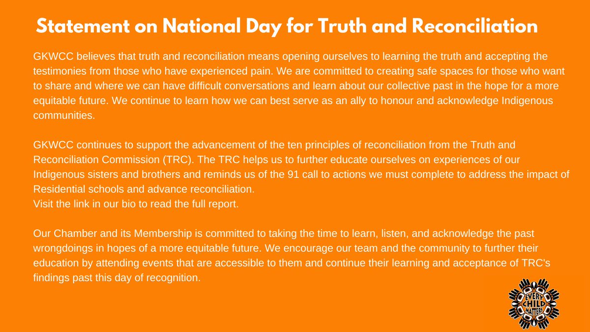 Today (September 30th) marks the National Day for Truth and Reconciliation. GKWCC believes that truth and reconciliation mean opening ourselves to learning the truth and accepting the testimonies from those who have experienced pain. 
Read our full statement below.