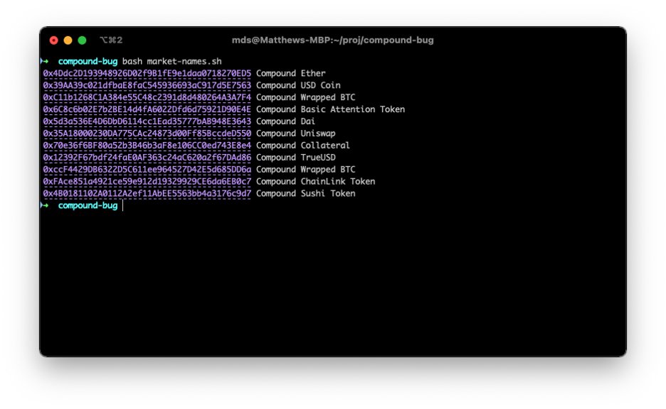 Using a simple bash script with seth, we find that the list of markets the user has entered (`getAssetsIn`) is the same as the list of market inputs on Etherscan.

So nothing strange here—the user just tried to claim COMP for all Compound markets they’ve entered.