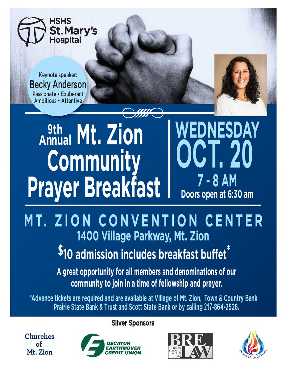 The 2021 Mt. Zion Community Prayer Breakfast tickets are now available at any of the ticket outlets in the flyer below or you can call me at 217-864-2526 or email me at mtzionilchamber@gmail.com.  Please purchase your tickets by October 15, 2021. Advance tickets only.