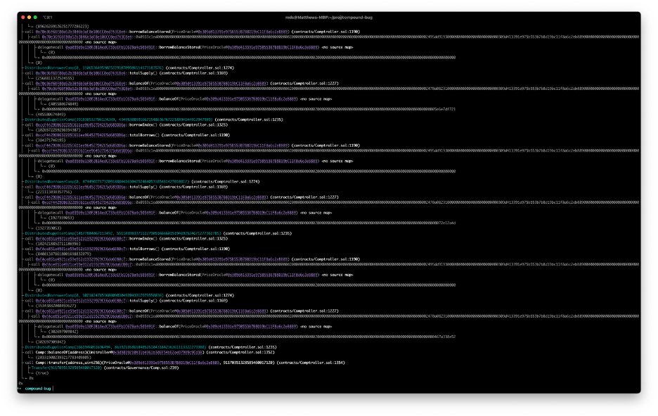 The full tx trace can be seen with ` seth run-tx $txHash --source implementation.json --trace`

This shows every call made, and because we bundled the source we get decoded method names and inputs. You can see the final call is the transfer of 91,170 COMP