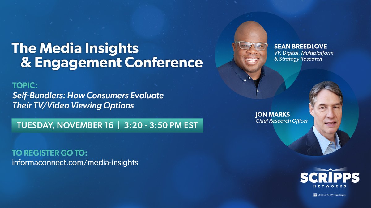 EWScrippsCo's tweet photo. Join Jon Marks and Sean Breedlove from Scripps Networks as they discuss "Self-Bundlers" and how consumers evaluate their viewing options at the Media Insights &amp; Engagement Conference Tuesday, November 16, at 3:20 p.m. ET.

Register: https://t.co/5SnDIoluVD https://t.co/lXXpvbaFVt