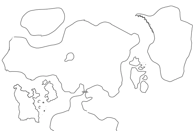 架空の世界地図書いてます、現在完成してるのは左下の島2つ、残りは大雑把 