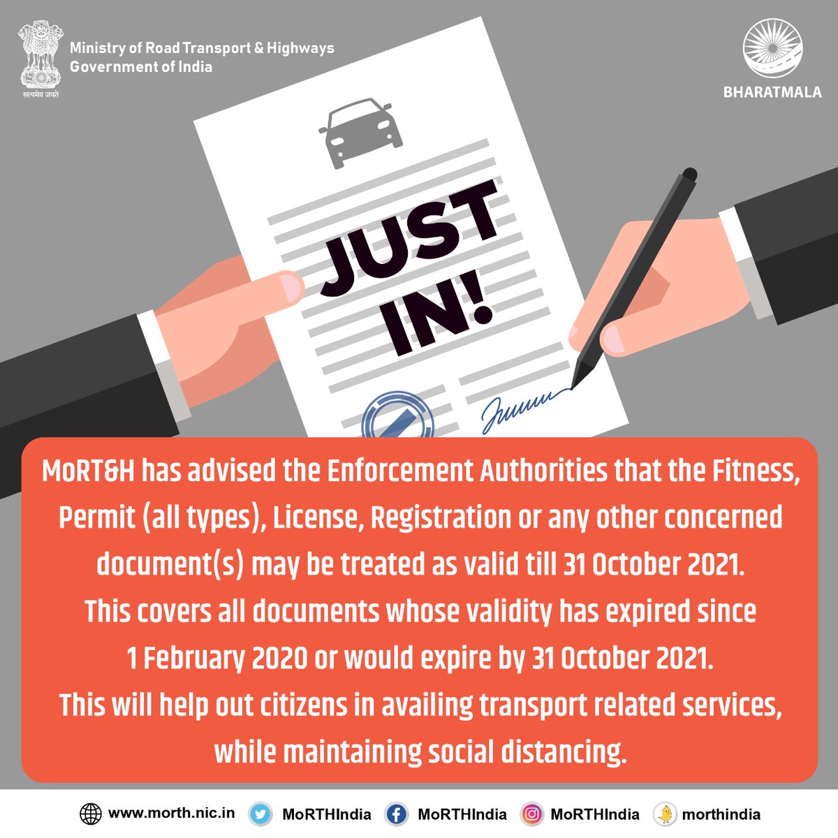 MORTHIndia's tweet photo. MoRT&amp;H has issued advisory to all States/UTs to extend validity of documents till 31 October 2021. https://t.co/DQicN1tk8C