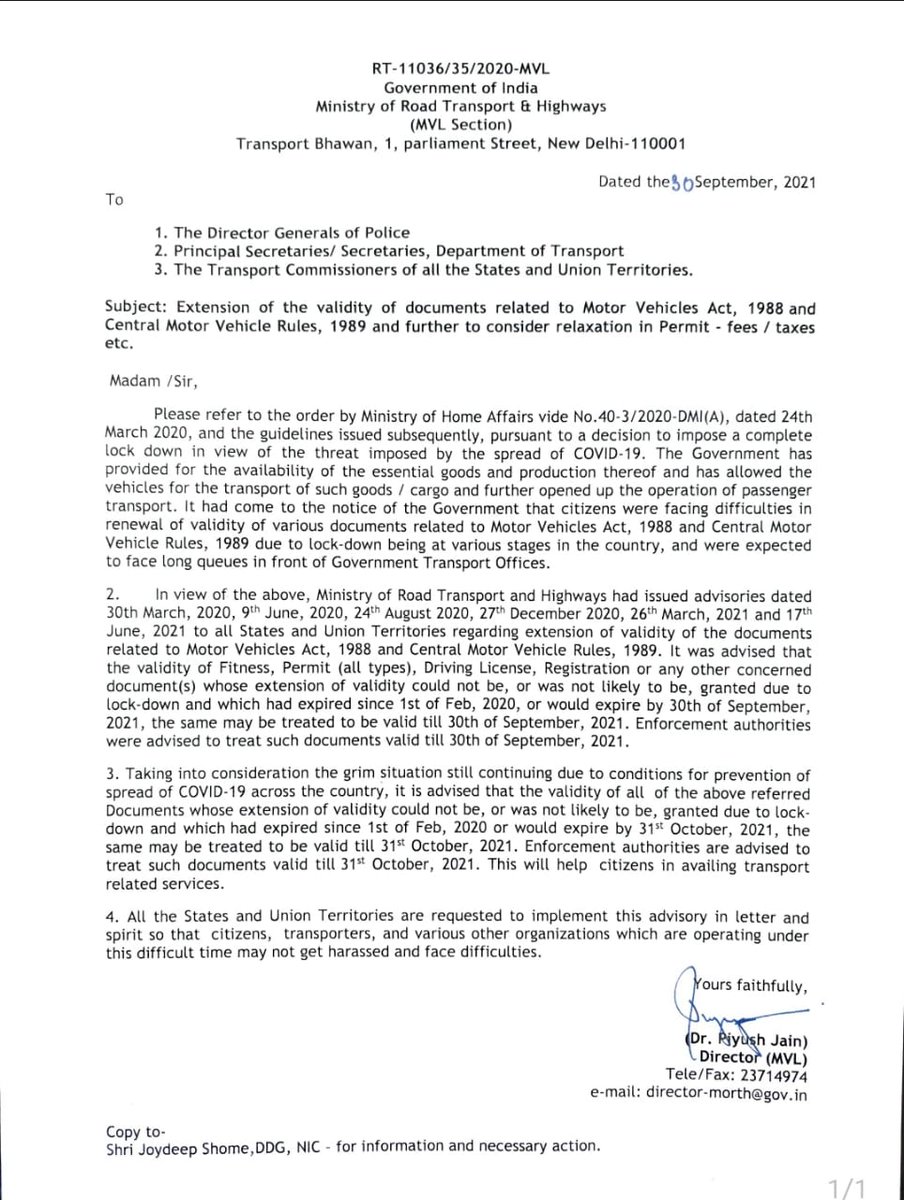 MORTHIndia's tweet photo. MoRT&amp;H has issued advisory to all States/UTs to extend validity of documents till 31 October 2021. https://t.co/DQicN1tk8C