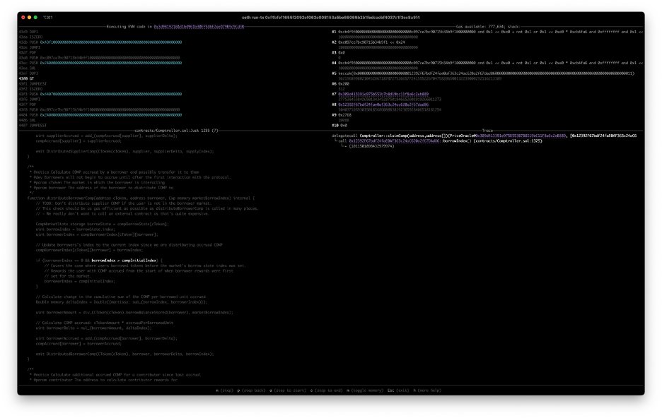 Within that method, we’ll eventually get here where we check if `borrowIndex > compInitialIndex`. In the top left you’ll see we're executing the GT (greater than) opcode. This pops the top two elements off the stack, compares them, and puts the result on the stack.