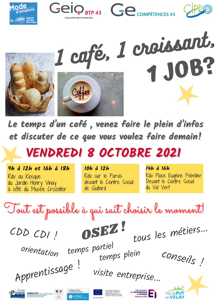 1 café, 1 croissant, 1 job? RDV le 8 octobre 2021
#Emploi #inclusion