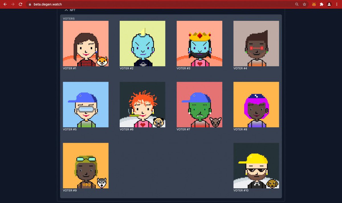 You can now view your Voters with your other NFT’s and track your portfolio on beta.degen.watch

Shoutout to <a href="/degen_watch/">Degen Watch</a> for the same. Best Defi Dashboard and Portfolio Tracker on Fantom!

Minting for Voters is now open:votersnft.io

#Voters #NFT #Fantom $FTM