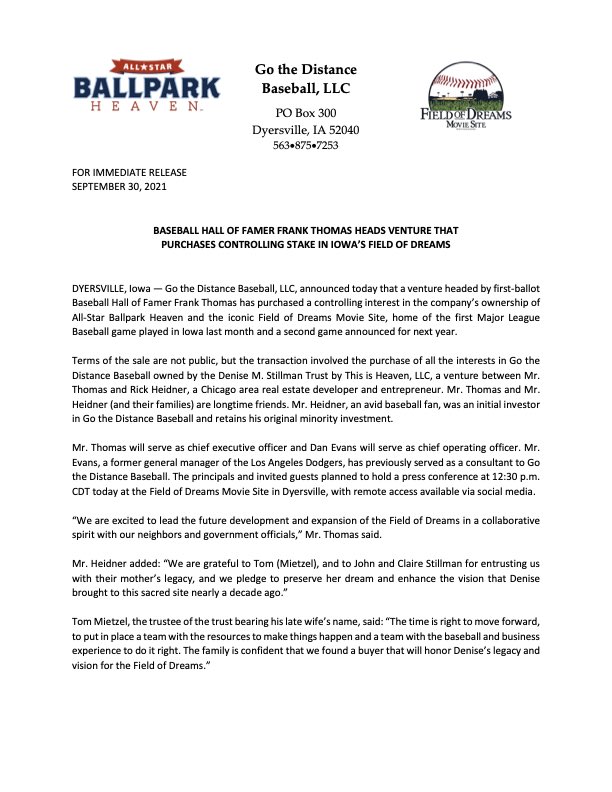 fodmoviesite's tweet photo. We are excited to announce that baseball Hall of Famer Frank Thomas has purchased controlling stake in Go The Distance Baseball, LLC and the Field of Dreams Movie Site. Please read the press release for full details. @TheBigHurt_35 #dreamnation #gothedistance https://t.co/agihLKloZo