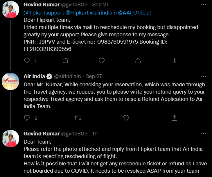 gvnd809's tweet photo. @airindiain @flipkartsupport @Flipkart @AAI_Official @MoCA_GoI @DGCAIndia 
Witness to the Best play of Blame-Game show by Flipkart and Air India Team, exploiting customers for more than 1 year for a refund/reschedule of flight booking due to COVID. Totally disgraceful action https://t.co/nTy0wNvtd0