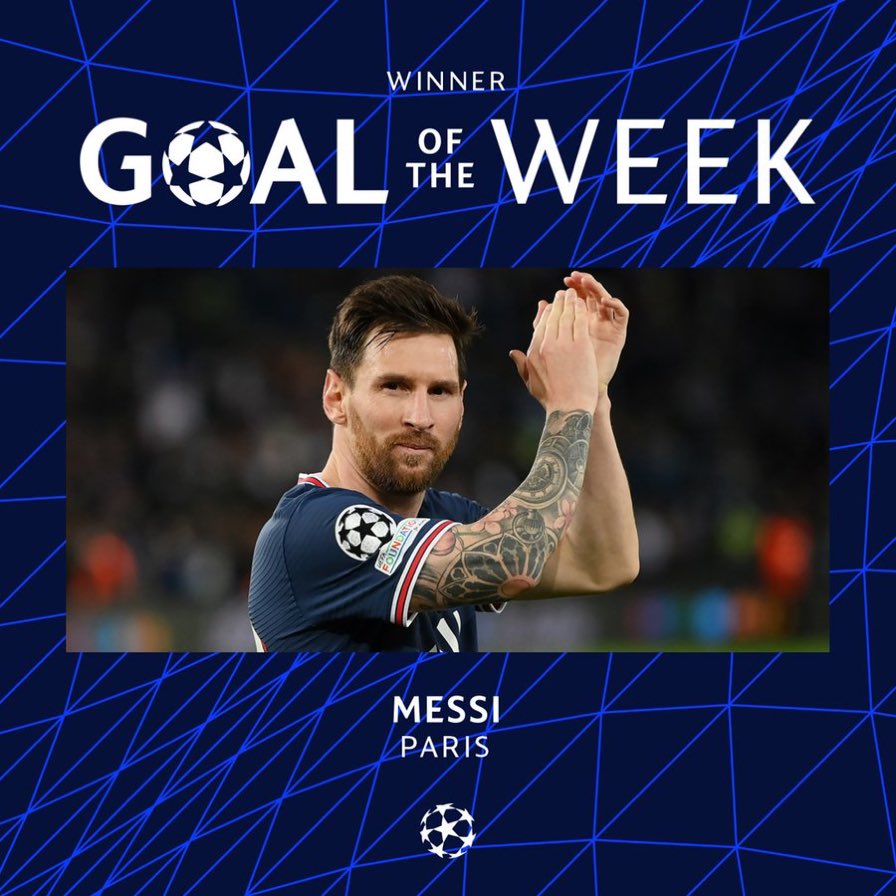 PSG_English's tweet photo. ⚽️#GOTW I #UCL 

It could only be him 😍

@ChampionsLeague goal of the week goes to Leo Messi 🙌❤️💙 https://t.co/VDLekkIG1G