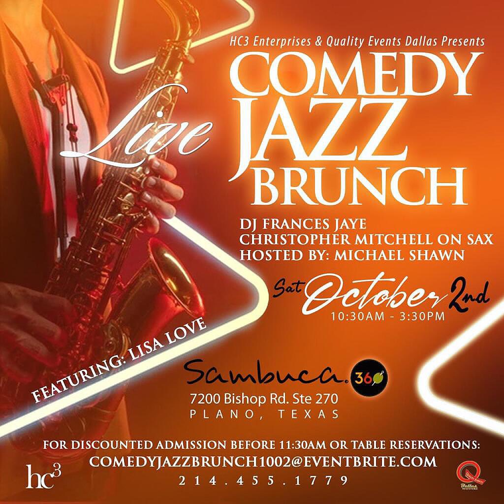 Comedy jazz brunch this Saturday @sambucasplano 10:30am-3:00 live jazz sax special guest host <a href="/mikeshawncomedy/">Michael Shawn</a> with comedian <a href="/alovelegal/">🏀Comedienne Lisa Love</a> ComedyJazzBrunch1002.Eventbrite.com