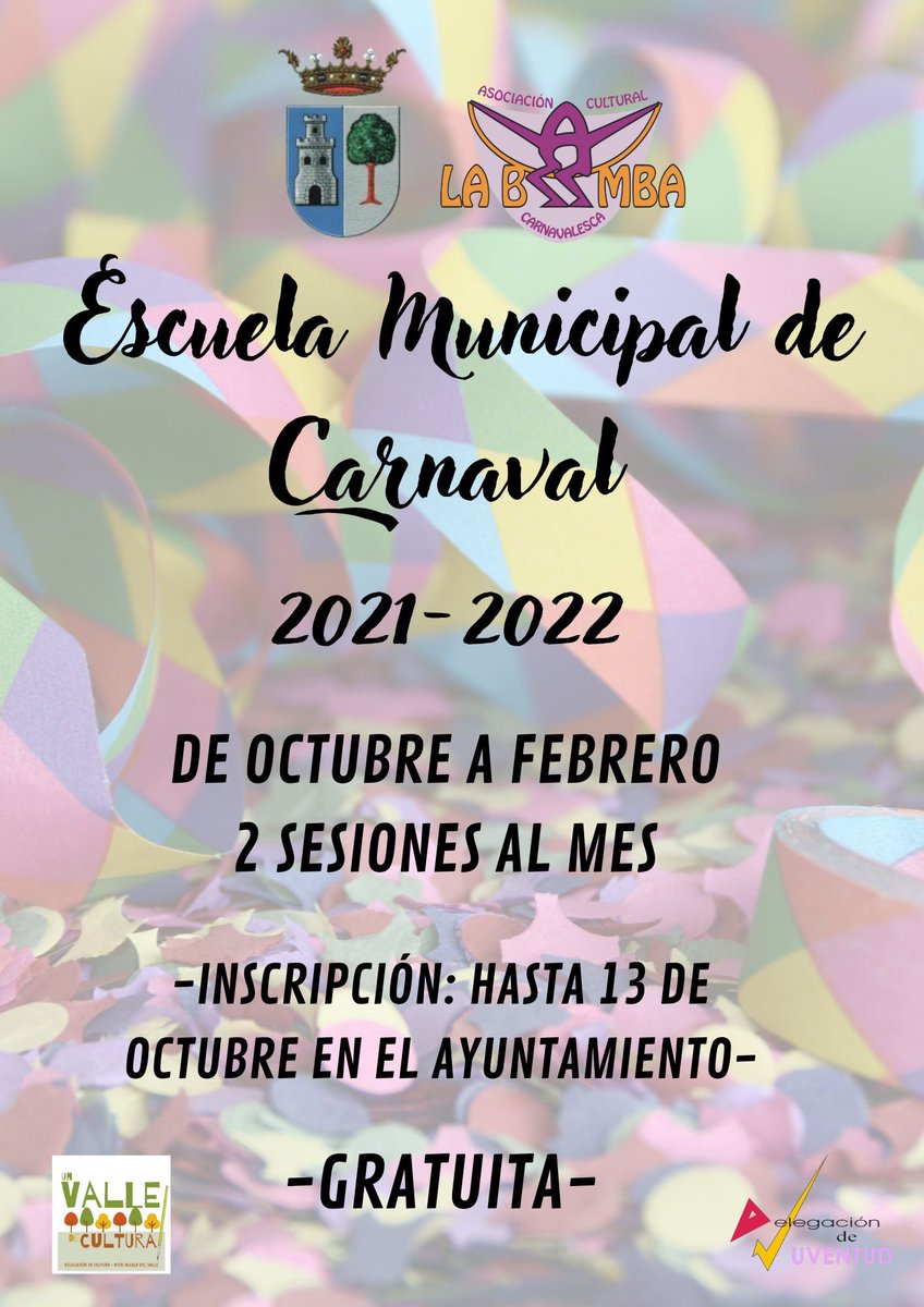 En aras de seguir trabajando por el carnaval y la cultura alcalareña, la Asociación Cultural Carnavalesca, junto al área de Cultura del Ayuntamiento de Alcalá del Valle, vamos a colaborar y por poner en marcha la Escuela Municipal de Carnaval. Estamos de vuelta <a href="/ALCALAOFICIAL/">ALCALA DEL VALLE</a>