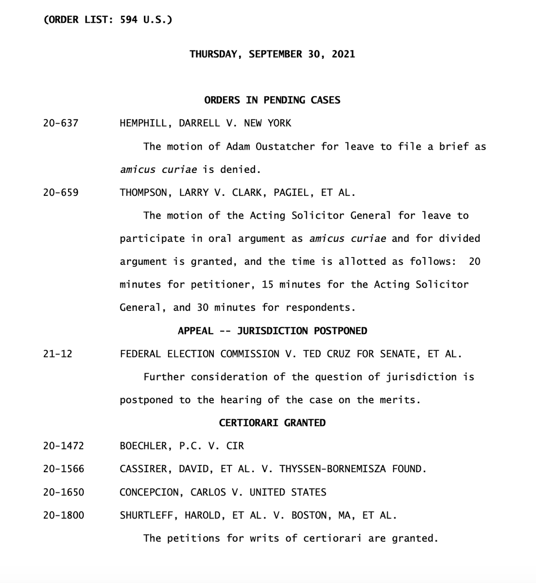 1/ A quick thread on the five new cases the Supreme Court agreed to hear this morning. ⬇️