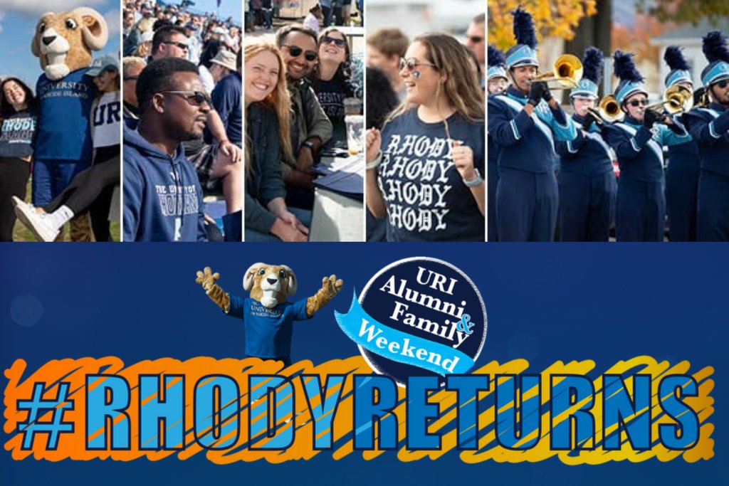 AlumniURI's tweet photo. Alumni & Family Weekend is almost here! Join the fun at Rhodyville on Saturday before the game, or reconnect with friends at one of four reunions happening this weekend.
View the full schedule at https://t.co/prnaucUoA4 #RhodyReturns https://t.co/e7TXrEWTqJ