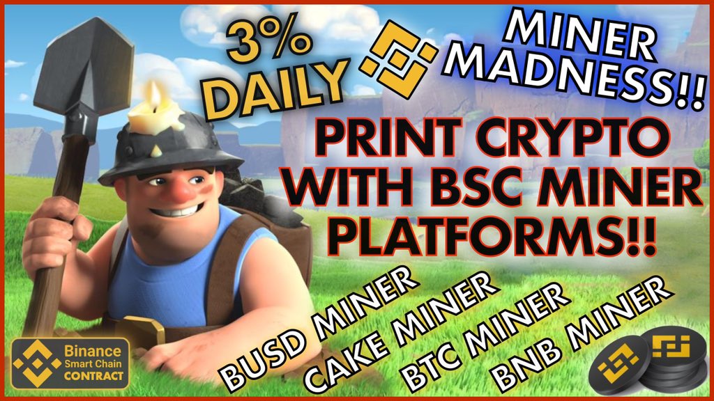 3D_Crypto's tweet photo. PRINT BITCOIN WITH BSC MINER CONTRACT โ๏ธ Crypto Miner Platforms With Amazing Returns ๐ค EARN 3% DAILY - https://t.co/R1QKDZl1wb #binance #BinanceSmartChain #BNB #bnbminer #btcbminer #btcminer #bitcoinminer #cakeminer #rexminer #busdminer #printcrypto #crypto $btc $bnb $busd $cake https://t.co/FyZTjp2fsO