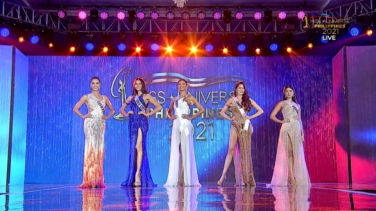 gmanews's tweet photo. Miss Universe Philippines 2021 announces its top 5 candidates. Only one winner will take home the crown by the end of evening. #MissUniversePhilippines2021 | @kaelamalig 

Credit: Miss Universe Philippines, Inc. and Empire Philippines https://t.co/SlY1ij2cOg