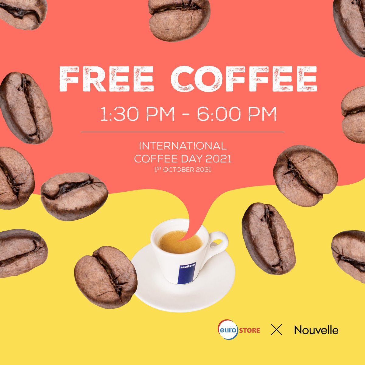 Come celebrate International Coffee Day with us! Enjoy a free coffee from from 1:30pm to 6:00pm. 

*valid only on 1st October
​ 
#EurostoreMVxNouvelle #Nouvelle #Coffee #CoffeeDay