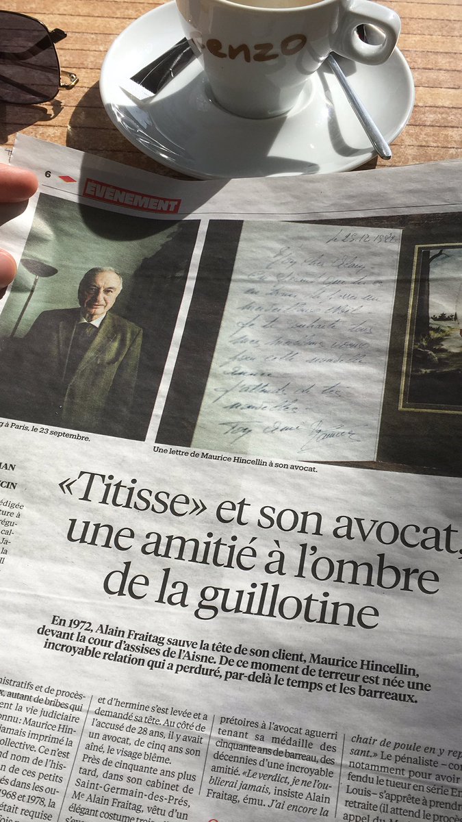 Formidable article de <a href="/JulieBrafman/">Julie Brafman</a> <a href="/libe/">Libération</a> sur le lien au long cours entre l’avocat Alain Fraitag et son client Maurice Hincellin, qu’il a sauvé de la peine de mort. Beaucoup d’émotion à la lecture de ce récit rempli d’humanité, magnifié par une très belle plume