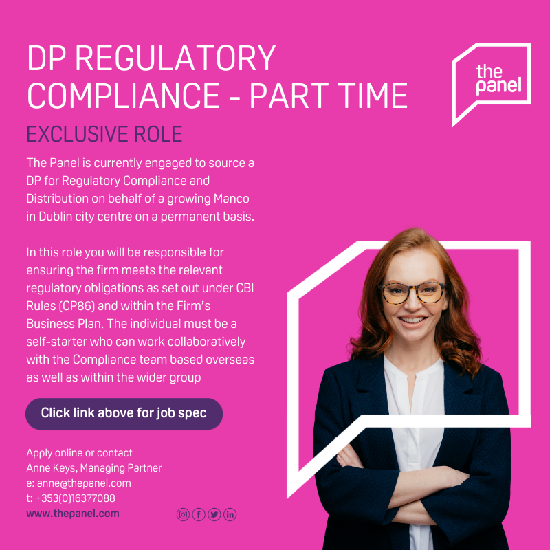 ThePanelDublin's tweet photo. **Exclusive Role**
DP Regulatory Compliance - Part-time (https://t.co/RVjzuXZ8jP) role currently available with our client, a growing Manco.
For more information, contact Anne at anne@thepanel.com.
#jobfairy #regulatorycompliance #DP #CP86 #compliance #designatedperson https://t.co/nrPdIX99gu