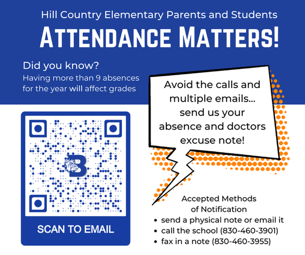 Attendance Matters!

HCE Families, Did You Know?

Having more than 9 unexcused absences for the year will affect your students education? Help us out and send in your students excused medical/drs note, or parent note via the methods below!
#BanderaISD #HCEVillage #BISDHCE #HCE