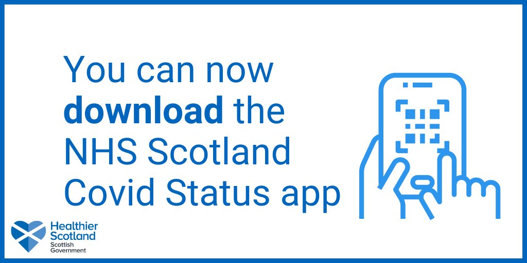 📱 The NHS Scotland Covid Status app is now available to download.

The app will be needed to enter some events and venues from Friday 1 October, and for overseas travel.

It displays proof of your #coronavirus vaccination status. ✅

Download the app at nhsinform.scot/nhs-scotland-c…
