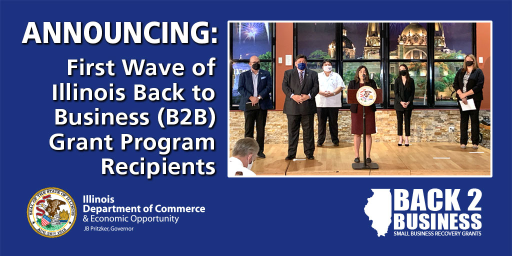 BREAKING: <a href="/GovPritzker/">Governor JB Pritzker</a> &amp; DCEO announce $24M in #Back2Business recovery grants for over 520 diverse businesses &amp; industries across the state. More funding is available for small businesses. Deadline 10/13 at 11:59 pm. Don’t wait-apply while funds remain! bit.ly/2Y3ymu4