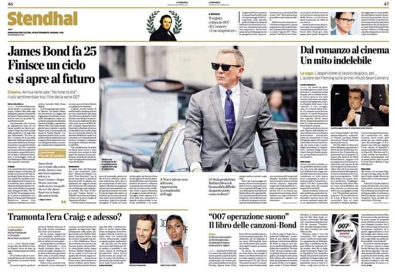 Per l'uscita di 007 NO TIME TO DIE <a href="/laprovinciadico/">La Provincia di Como</a> dedica due pagine speciali al mito/Bond a cura di <a href="/AleBrunialti/">Alessio Brunialti</a>, Andrea Giordano, Nicola Falcinella e @MarioSchiani.
Ampia recensione del libro di Michelangelo Iossa "007 OPERAZIONE SUONO" (Rogiosi Editore).