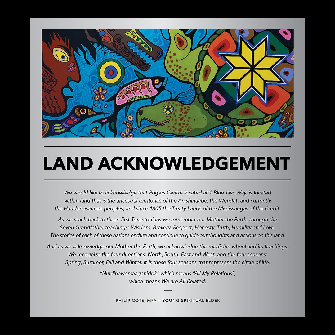 BlueJays's tweet photo. In honour of Orange Shirt Day, a land acknowledgement and artwork by Philip Cote – an artist and Ancestral Knowledge Keeper from Moose Deer Point First Nation – has been installed at Rogers Centre outside at Gate 15 and inside at Section 102. https://t.co/em2NFA6O5k