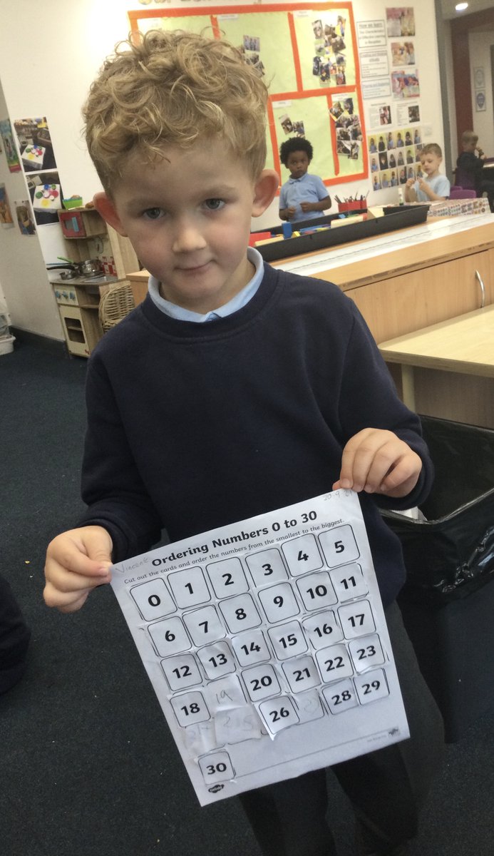 I am very impressed with this maths star today ⭐️ A  Reception child, he ordered the numbers independently to 30 and even made his own numbers for ones that were missing.  #proud #maths #eyfs #independentlearning