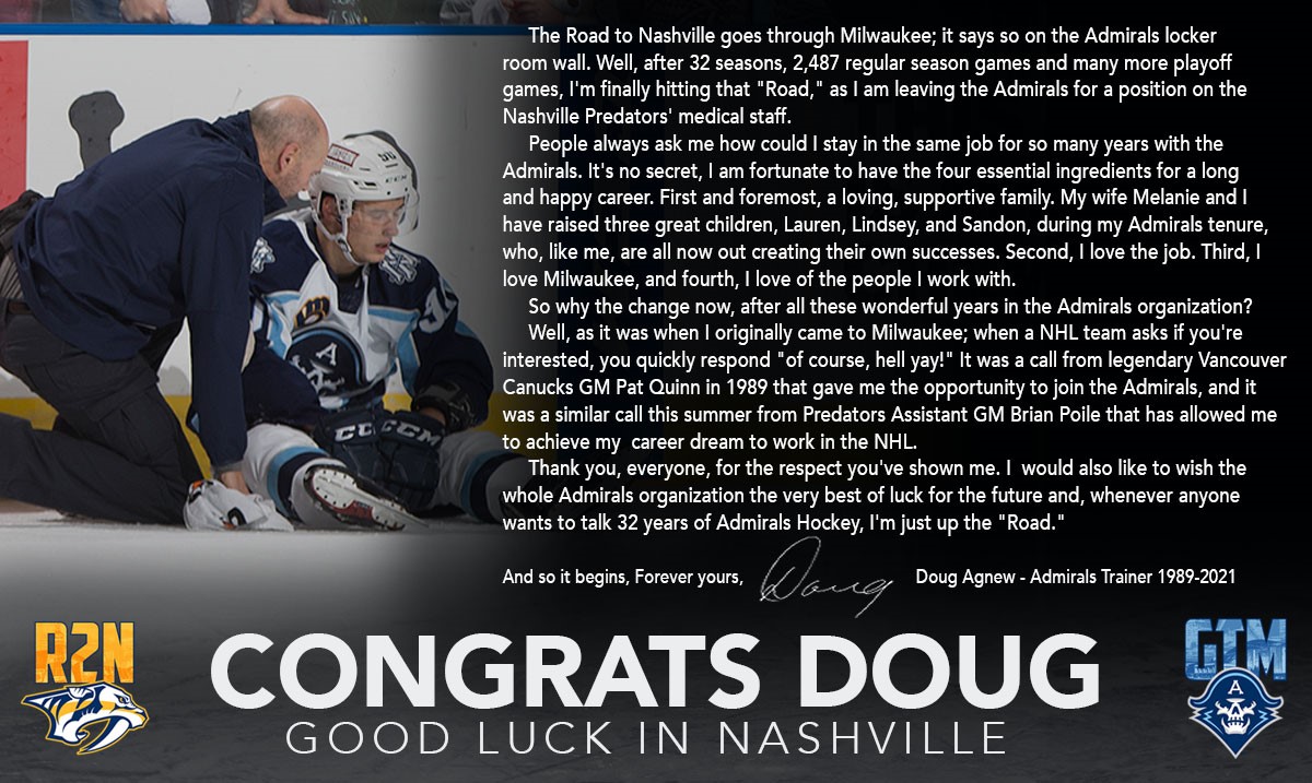 After 32 seasons, Doug Agnew has gotten his call up! 
Dougie, thank you for caring for our players &amp; for being a party of our family for so long. 
Good luck in #Smashville. <a href="/PredsNHL/">Nashville Predators</a>, take good care of him. 

📰: bit.ly/2WpVCBB
