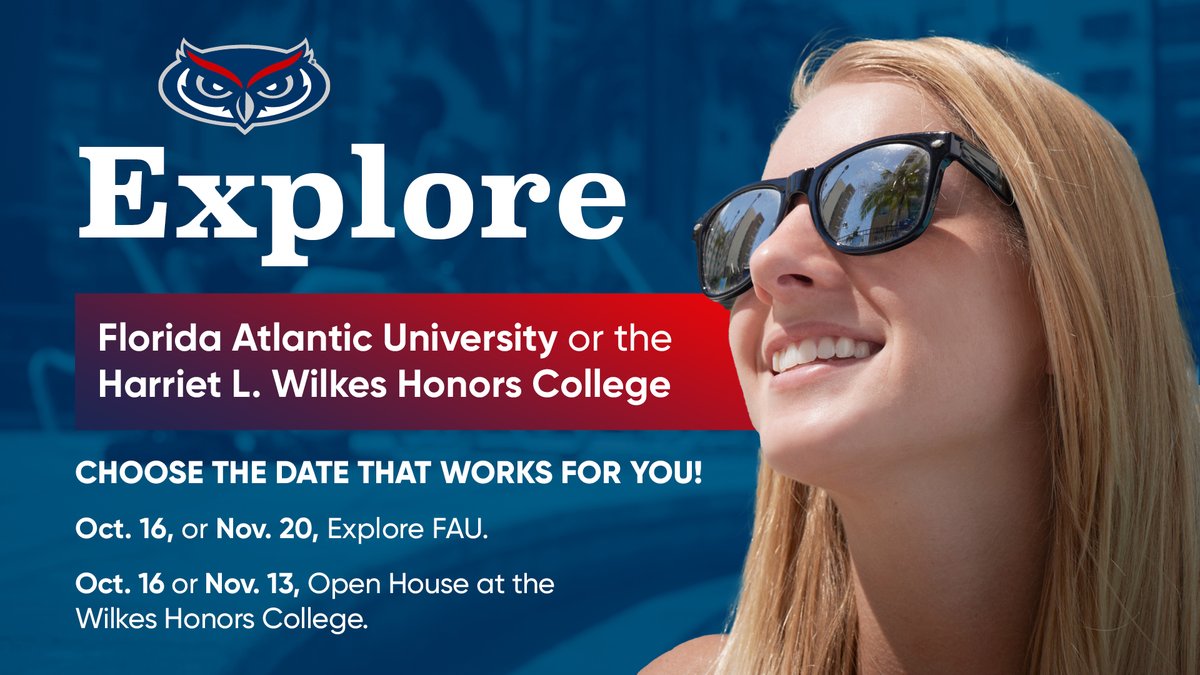 FAUadmissions's tweet photo. Want to find out more about @FloridaAtlantic and @WilkesHonorsFAUโ Sign up for #ExploreFAU or the Wilkes Honors College #OpenHouse to meet with faculty/staff, hear student experiences, tour campus & discover what is great about #FAU
Register today - https://t.co/bL9tkThGkv https://t.co/sk1NCFXl9J
