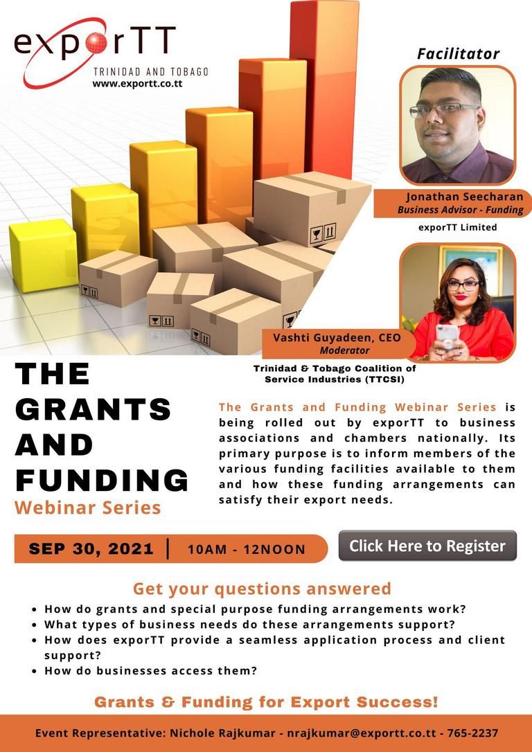 CCCEur's tweet photo. FYI: @TTCSI Webinar 'The Grants and Funding.' https://t.co/DUcqwt6ZUQ #Caribbean #Trinidad #TnT #ExporTT #TTCSI #Grants #Funding https://t.co/P4UUSsMxb2