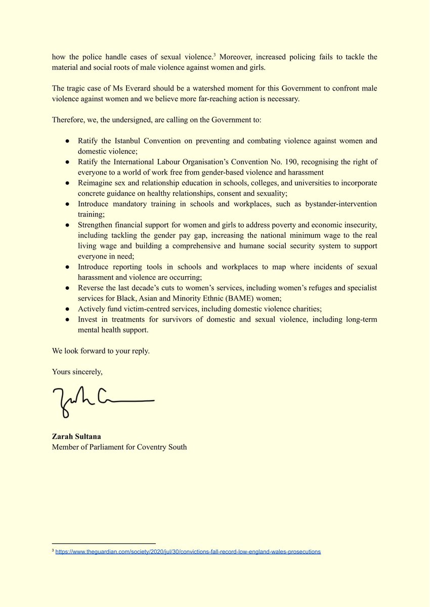 zarahsultana's tweet photo. When Sarah Everard was murdered, politicians promised "more police" and tried to look "tough".

But that's no solution to male violence against women &amp; girls.

That's why I wrote to the Prime Minister demanding economic &amp; social change, with the support of 50+ parliamentarians: https://t.co/TabYhG1B6F