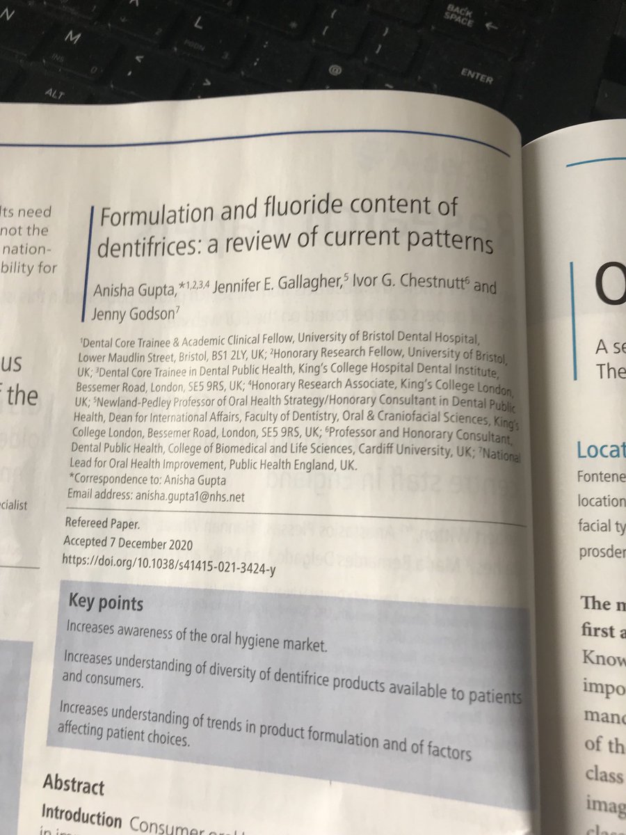 jenny_godson's tweet image. Congratulations Anisha on your publication in current BDJ “Formulation and fluoride content of dentifrices” and your contribution  to DBOH v4 chap 9 on fluorides 👏 thank you