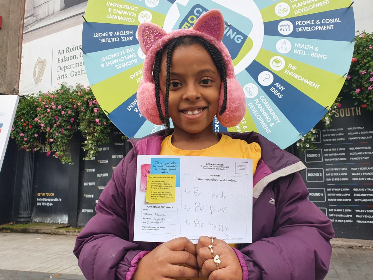 Be Kind. Be Positive. Be Happy. Wise words of advice from Eliora Lyonga, age 7, who shared her ideas for #CreatingOurFuture with researchers in Cork today.

Thanks Eliora for joining the conversation and submitting your ideas.

creatingourfuture.ie
<a href="/corkcitycouncil/">Cork City Council</a>