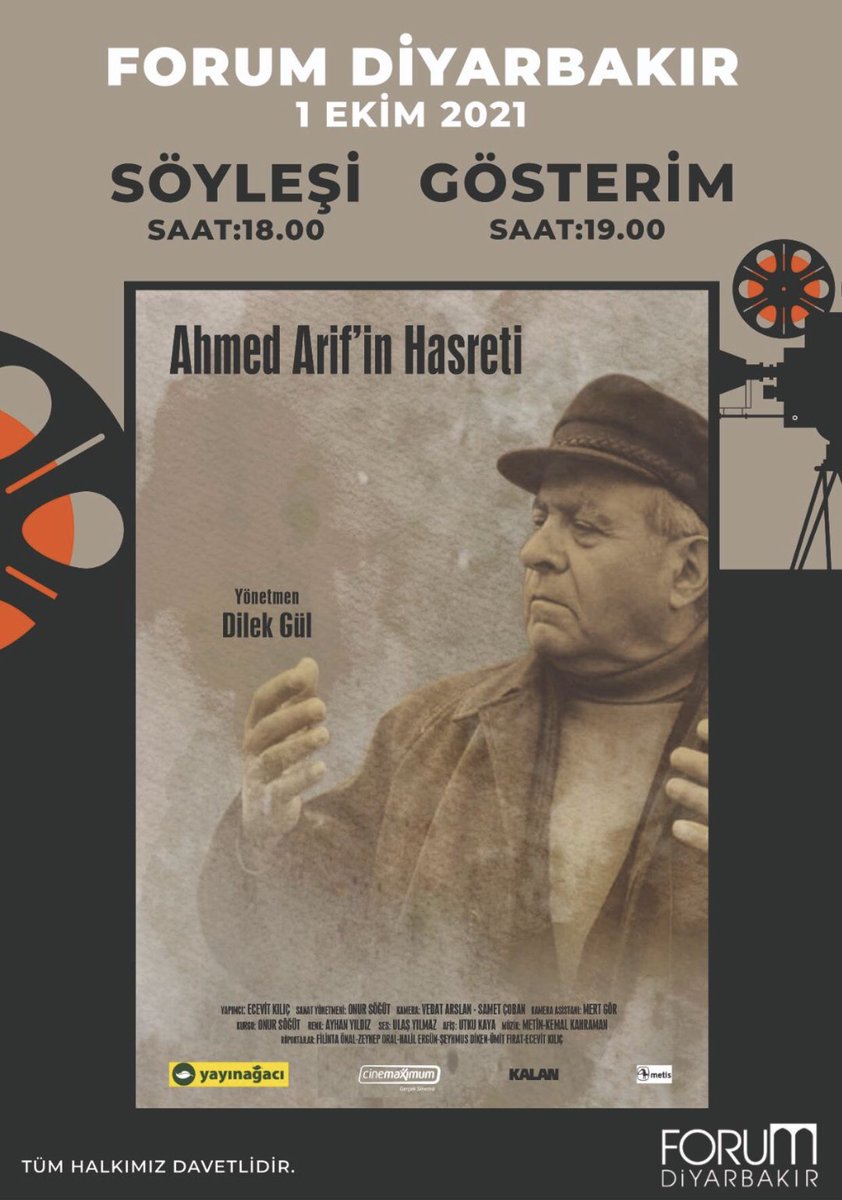 Artık saatler kaldı🥳🥳

“Ahmed Arif’in Hasreti” belgeselinin ilk gösterimi 
1 Ekim Cuma günü Diyarbakır’da.

Saat 19.00’da Cinemaximum Forum’da. 

Not: Giriş ücretsizdir.
YENİ FRAGMAN: youtube.com/watch?v=MoYSn5…