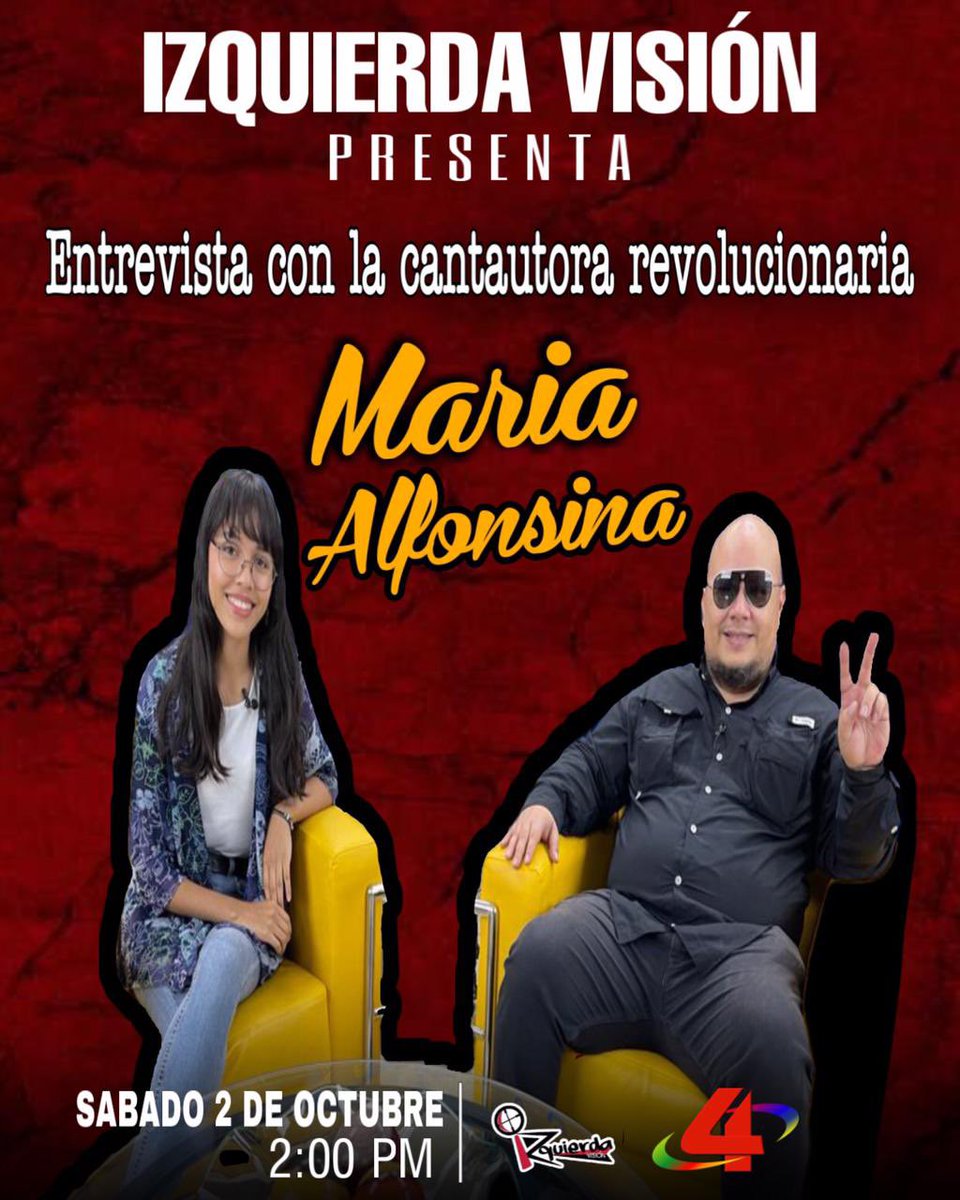 La creadora de “Sol de libertad”, la intérprete de “Soberanía”, representante de la nueva canción nicaragüense. Este sábado en #IzquierdaVision a las 2PM por Canal 4, no se pueden perder un programa histórico con la cantautora revolucionaria María Alfonsina. <a href="/samcarrion18_R/">Samantha Carrión</a>