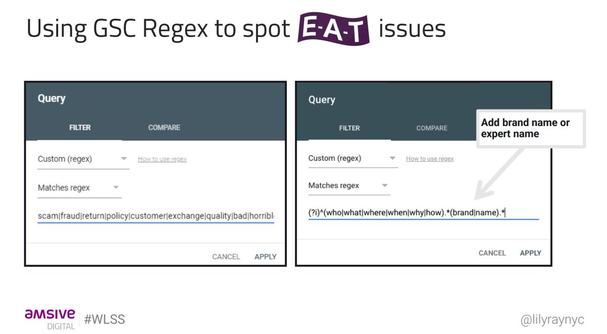 🧐 SEO Tip: Using GSC Regex to spot E-A-T issues 👇🏻
(?!)^(who|what|where|when|why|how).*(brand|name).*
#localseo #wlss <a href="/lilyraynyc/">Lily Ray 😏</a> <a href="/whitespark/">Whitespark</a>