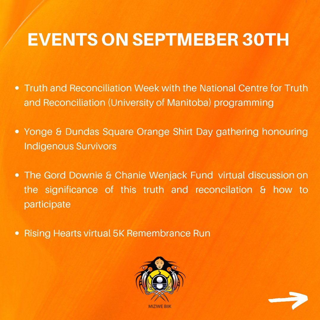 MiziweBiik's tweet photo. Looking for something to do on the National Day of Truth and Reconciliation? We've listed some events you can participate in (in-person &amp; virtual) and books you can read + ways you can educated yourself on Indigenous truth in Canada. 🧡🧡 https://t.co/NUMRpun1tv