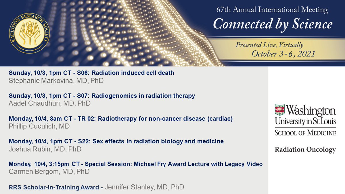 WashUMedRadOnc's tweet photo. #RadRes2021 starts today! We are excited to be #ConnectedByScience!
@WUSTLmed presenters include @SMarkovina2, @aadel_chaudhuri, @DoctorPhillEP, @LabRubin & @carmenbergom, with @RRS_RadRes Scholar-in-Training Award to @Jennannstan87 π https://t.co/g6yxIL9tKP