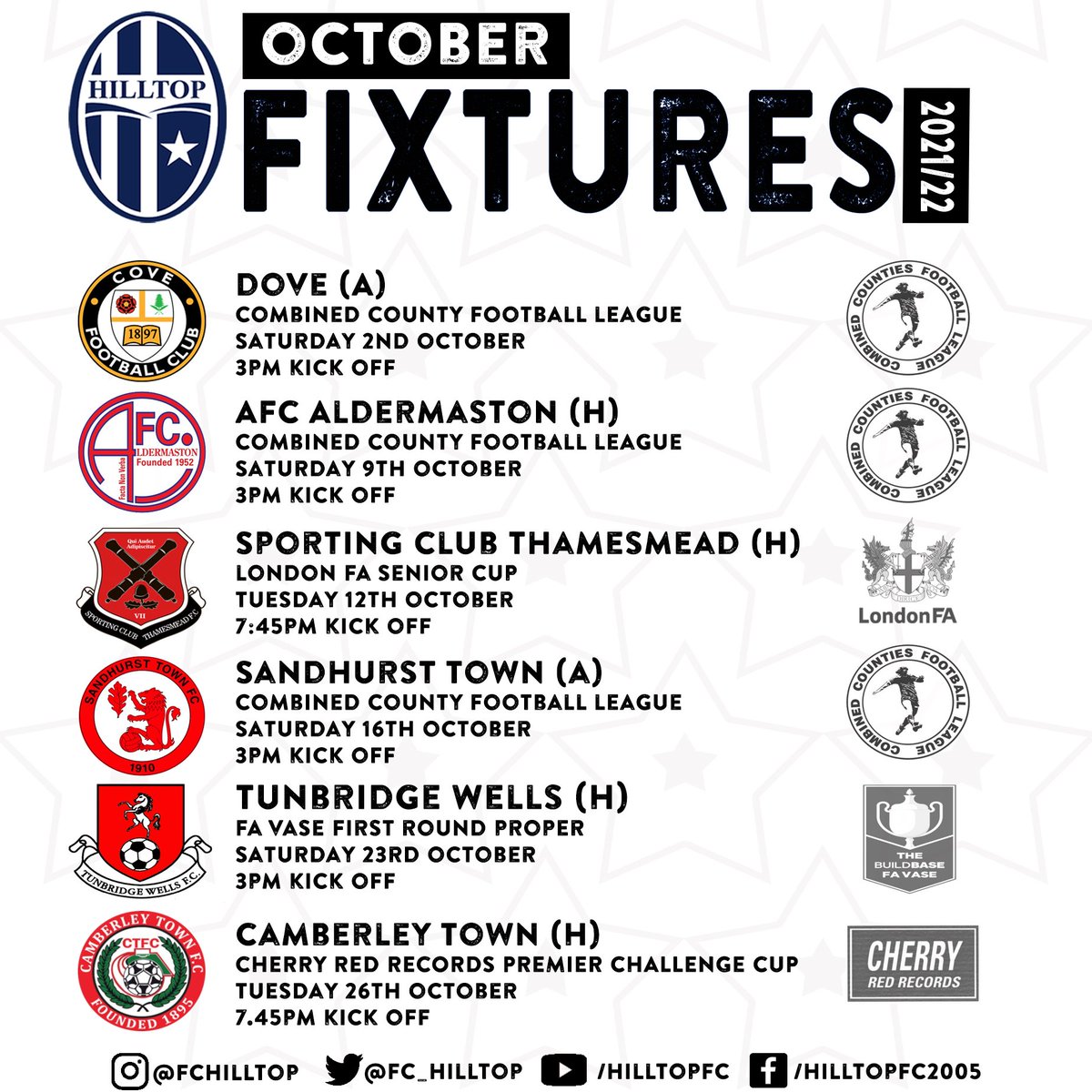 October Fixtures ⚽️ 📆

3 league games and 3 cup games.

#hilltopway #grassrootsfootball #ccfl #cherryredrecords #favase #londonfaseniorcup #londonfa