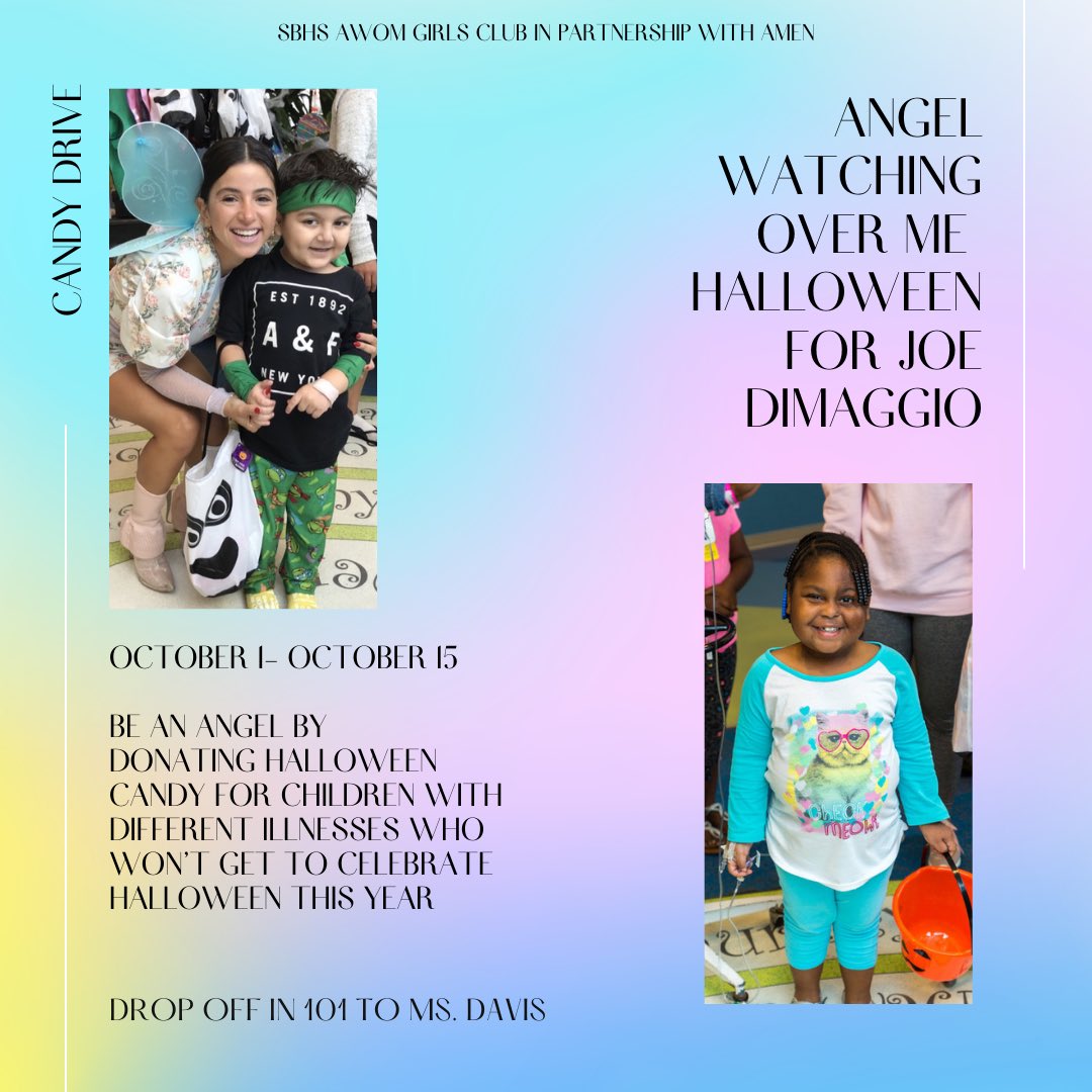 Be an angel and donate to the AWOM + AMEN candy drive for sick kids at Joe DiMaggio Hospital 🍭✨ @SBHSPrincipal @SBHSClass_2022  @SBHSClass_2022 <a href="/SBHSBulldogAth/">South Broward Athletics</a>