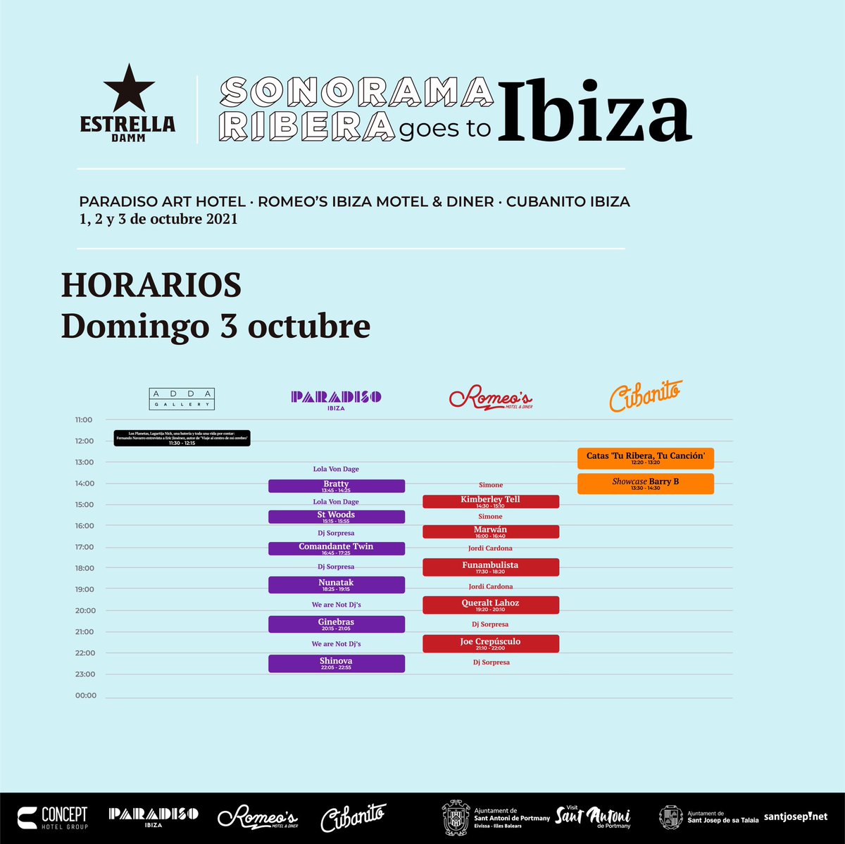¡Amig@s! 

Aquí os recordamos los horarios. Finalmente, las actividades paralelas no serán en el auditorio sino en Adda Gallery (en el mismo hotel Paradiso Art Hotel). 

¿A quién veremos ya desde hoy por aquí? ¿Habéis llegado? ☺️☺️☺️