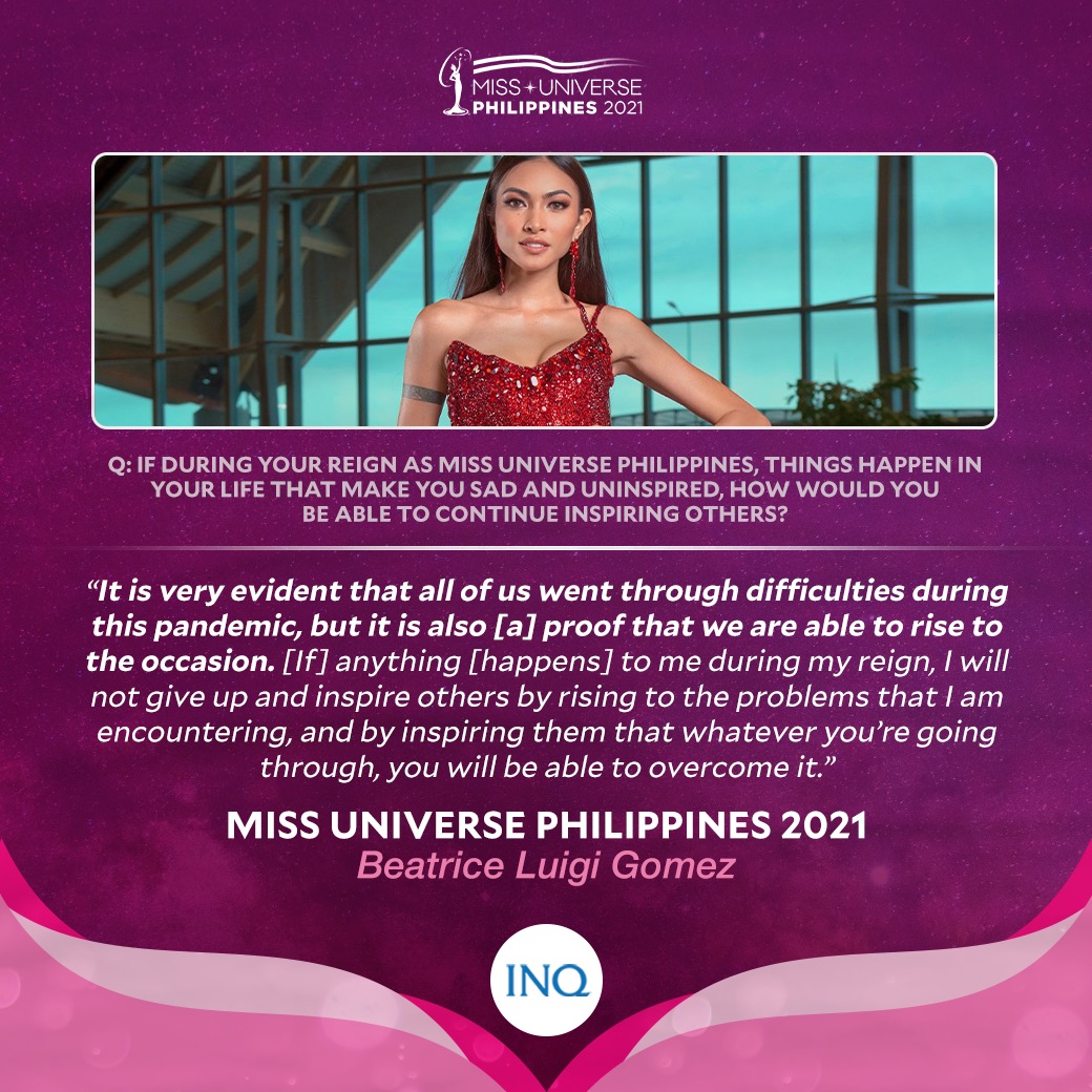 CONGRATULATIONS, Beatrice Luigi Gomez! ✨

The Cebu City beauty was crowned as the new Miss Universe Philippines. Read here her winning answer: #MissUniversePhilippines2021